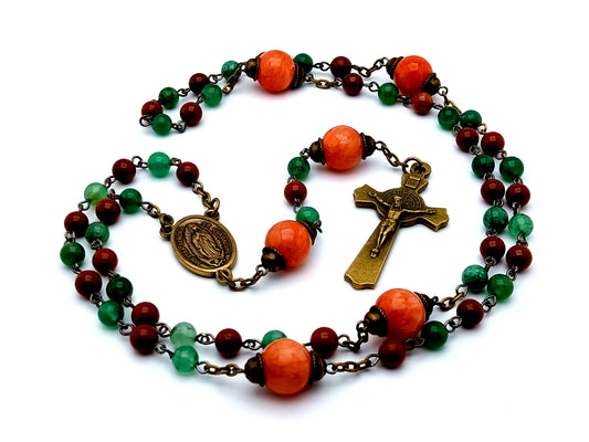 Vintage style Our Lady of Guadalupe unique rosary beads gemstone rosary beads with brass Saint Benedict crucifix and agate gemstone Our Father beads.