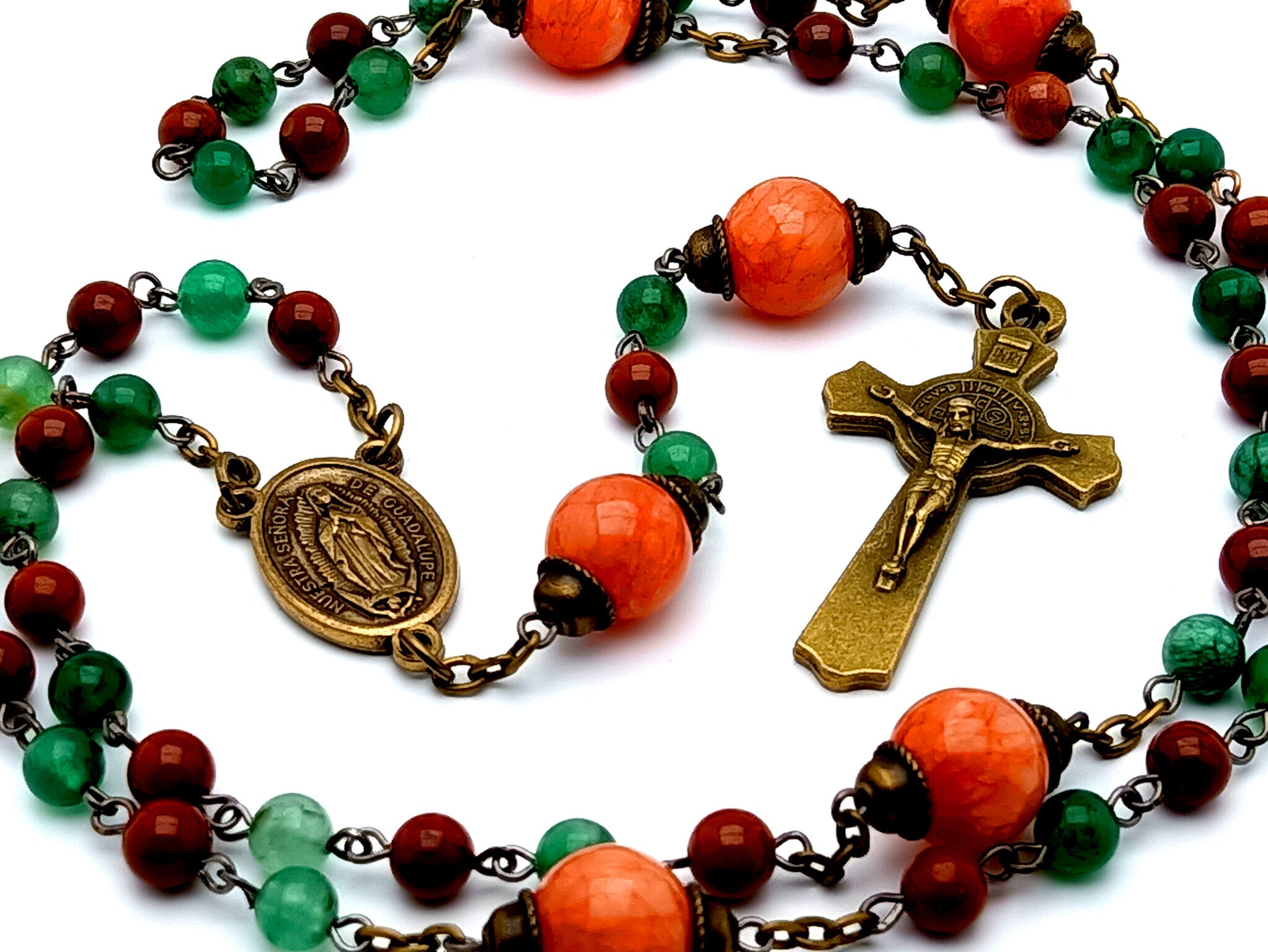 Vintage style Our Lady of Guadalupe unique rosary beads gemstone rosary beads with brass Saint Benedict crucifix and agate gemstone Our Father beads.