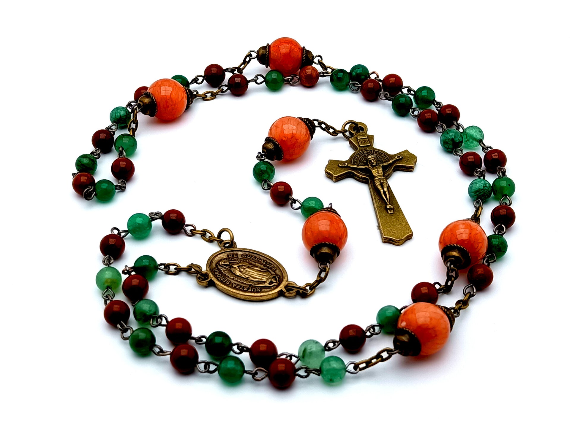 Vintage style Our Lady of Guadalupe unique rosary beads gemstone rosary beads with brass Saint Benedict crucifix and agate gemstone Our Father beads.