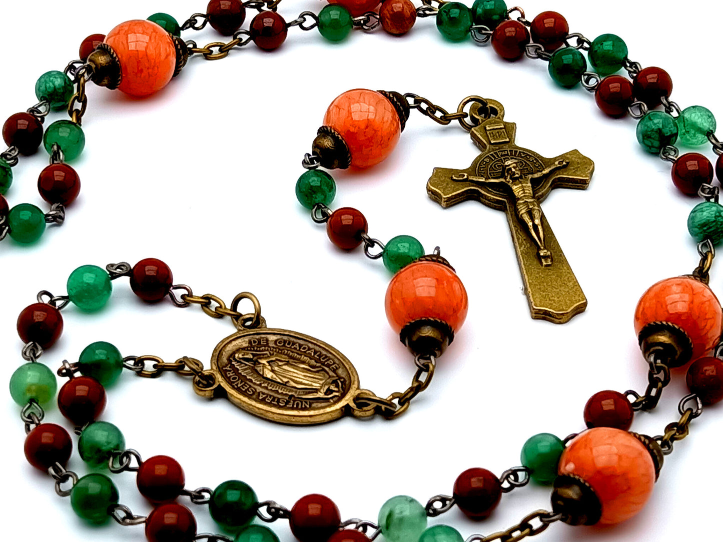 Vintage style Our Lady of Guadalupe unique rosary beads gemstone rosary beads with brass Saint Benedict crucifix and agate gemstone Our Father beads.