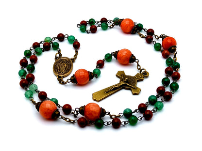 Vintage style Our Lady of Guadalupe unique rosary beads gemstone rosary beads with brass Saint Benedict crucifix and agate gemstone Our Father beads.