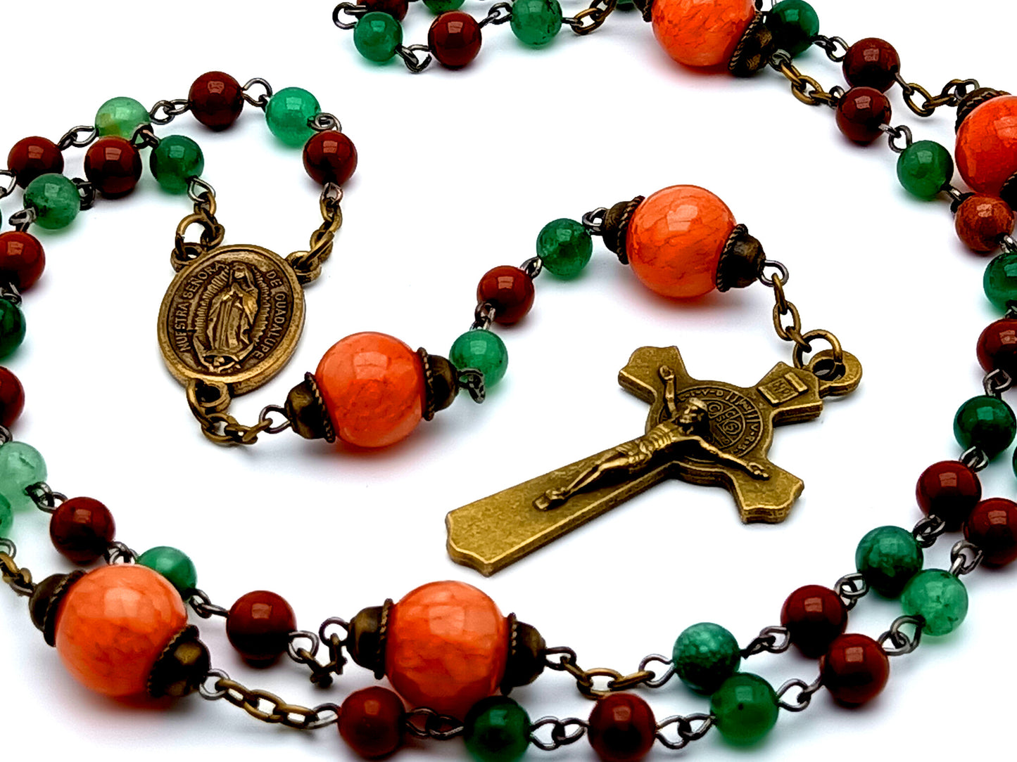 Vintage style Our Lady of Guadalupe unique rosary beads gemstone rosary beads with brass Saint Benedict crucifix and agate gemstone Our Father beads.