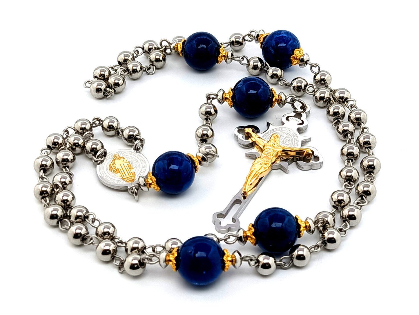 Saint Benedict unique rosary beads stainless steel rosary beads with lapis lazuli Our Father beads and Saint Benedict crucifix with gold plated corpus.