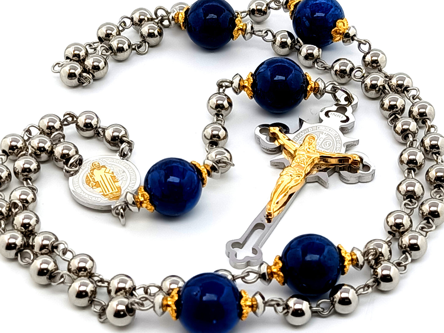 Saint Benedict unique rosary beads stainless steel rosary beads with lapis lazuli Our Father beads and Saint Benedict crucifix with gold plated corpus.