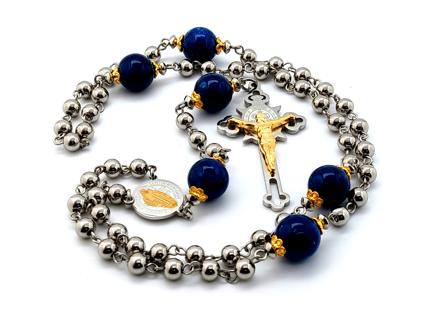 Saint Benedict unique rosary beads stainless steel rosary beads with lapis lazuli Our Father beads and Saint Benedict crucifix with gold plated corpus.