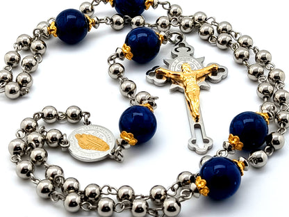 Saint Benedict unique rosary beads stainless steel rosary beads with lapis lazuli Our Father beads and Saint Benedict crucifix with gold plated corpus.