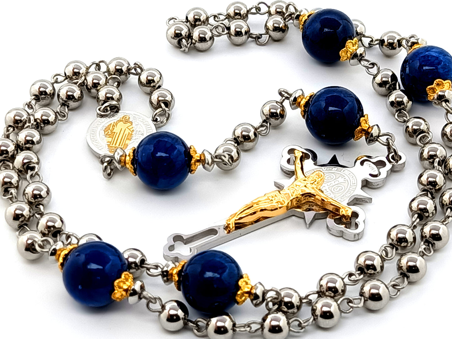 Saint Benedict unique rosary beads stainless steel rosary beads with lapis lazuli Our Father beads and Saint Benedict crucifix with gold plated corpus.