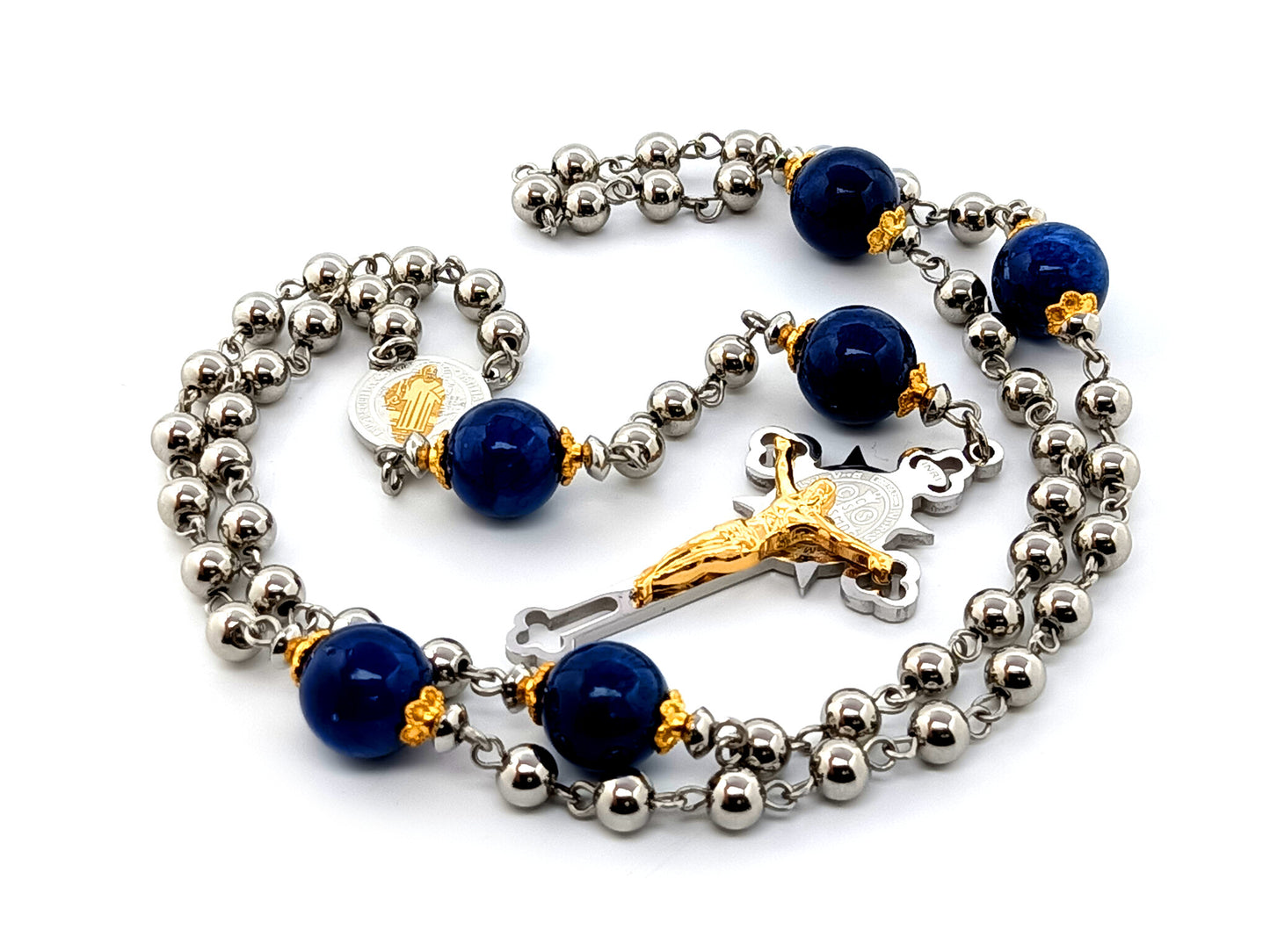 Saint Benedict unique rosary beads stainless steel rosary beads with lapis lazuli Our Father beads and Saint Benedict crucifix with gold plated corpus.