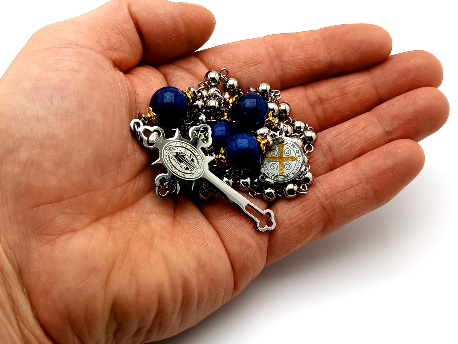 Saint Benedict unique rosary beads stainless steel rosary beads with lapis lazuli Our Father beads and Saint Benedict crucifix with gold plated corpus.