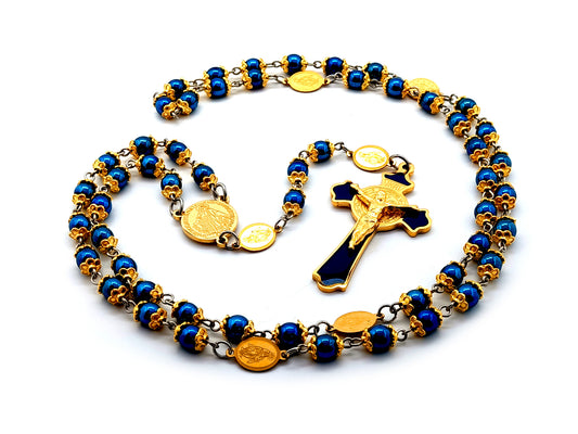 Miraculous medal unique rosary beads hematite gemstone rosary beads with gold plated stainless steel Saint Benedict crucifix with Our Lady of Grace medals.