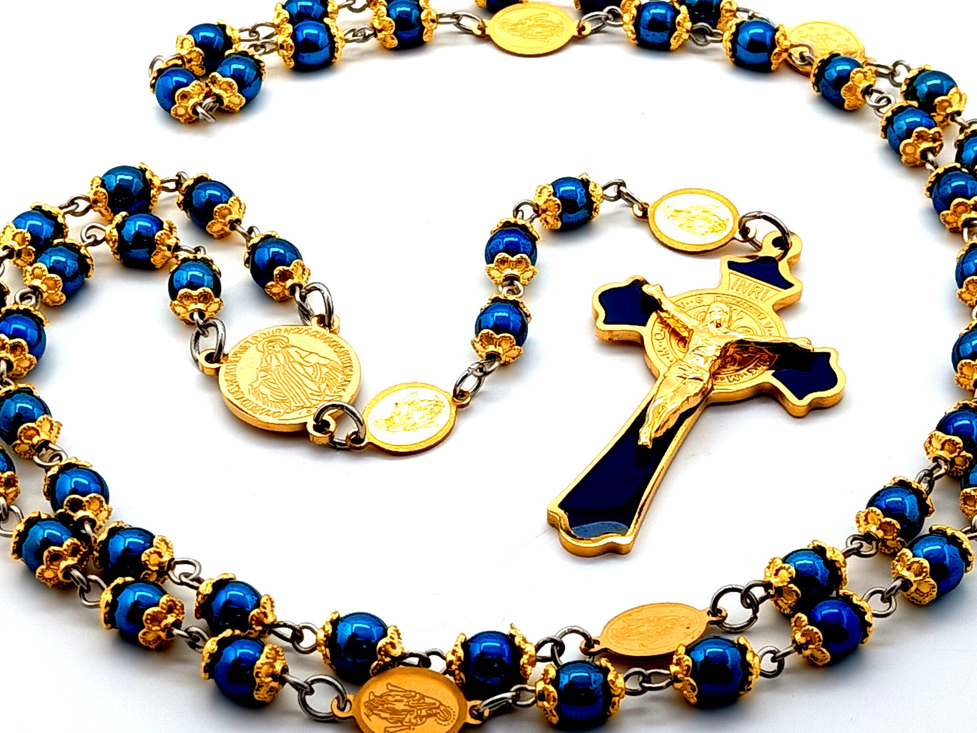 Miraculous medal unique rosary beads hematite gemstone rosary beads with gold plated stainless steel Saint Benedict crucifix with Our Lady of Grace medals.