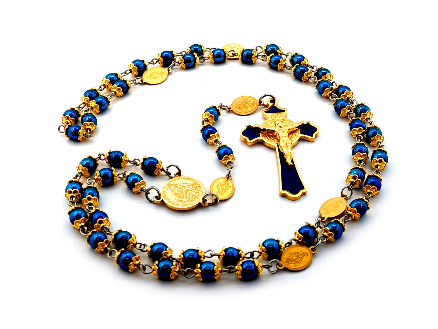 Miraculous medal unique rosary beads hematite gemstone rosary beads with gold plated stainless steel Saint Benedict crucifix with Our Lady of Grace medals.