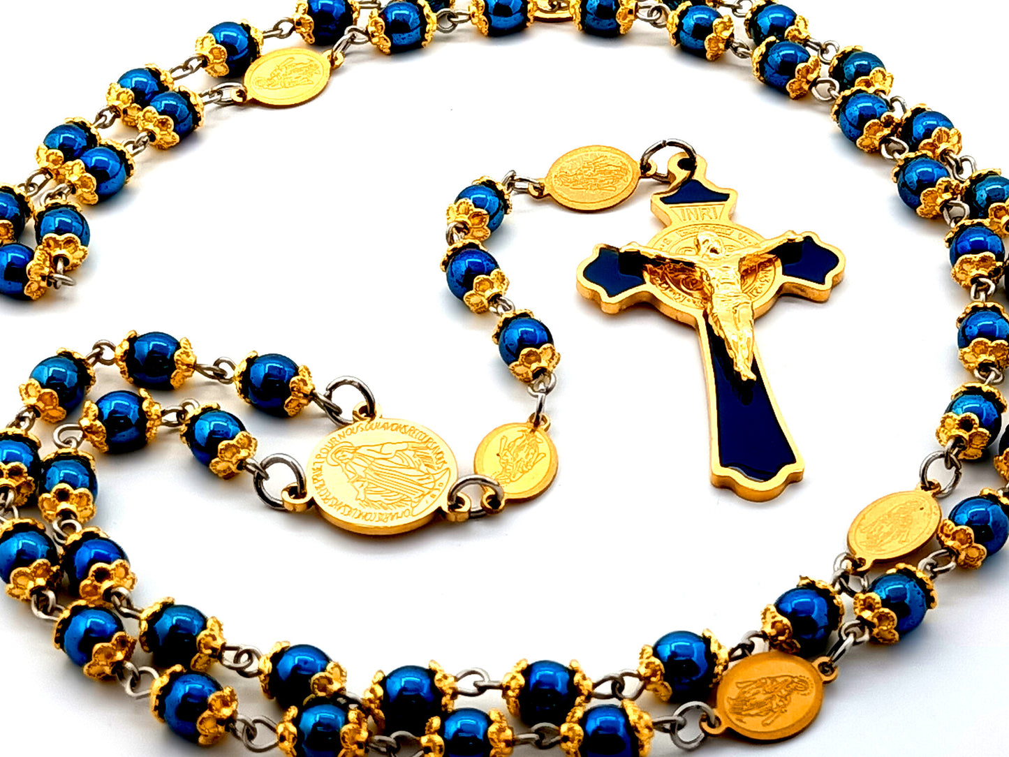 Miraculous medal unique rosary beads hematite gemstone rosary beads with gold plated stainless steel Saint Benedict crucifix with Our Lady of Grace medals.