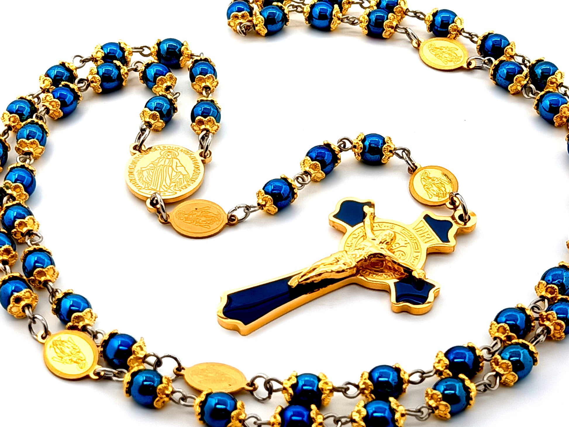 Miraculous medal unique rosary beads hematite gemstone rosary beads with gold plated stainless steel Saint Benedict crucifix with Our Lady of Grace medals.