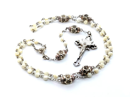 Mother of Pearl unique rosary beads communion chalice rosary beads with stainless steel Saint Benedict crucifix and flower Our Father beads.