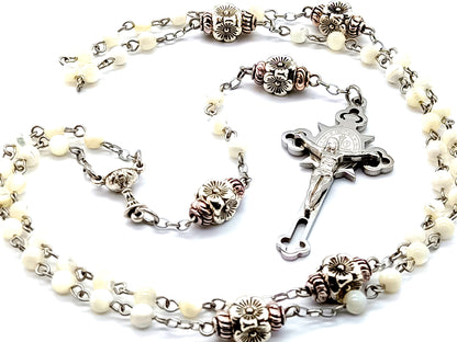 Mother of Pearl unique rosary beads communion chalice rosary beads with stainless steel Saint Benedict crucifix and flower Our Father beads.