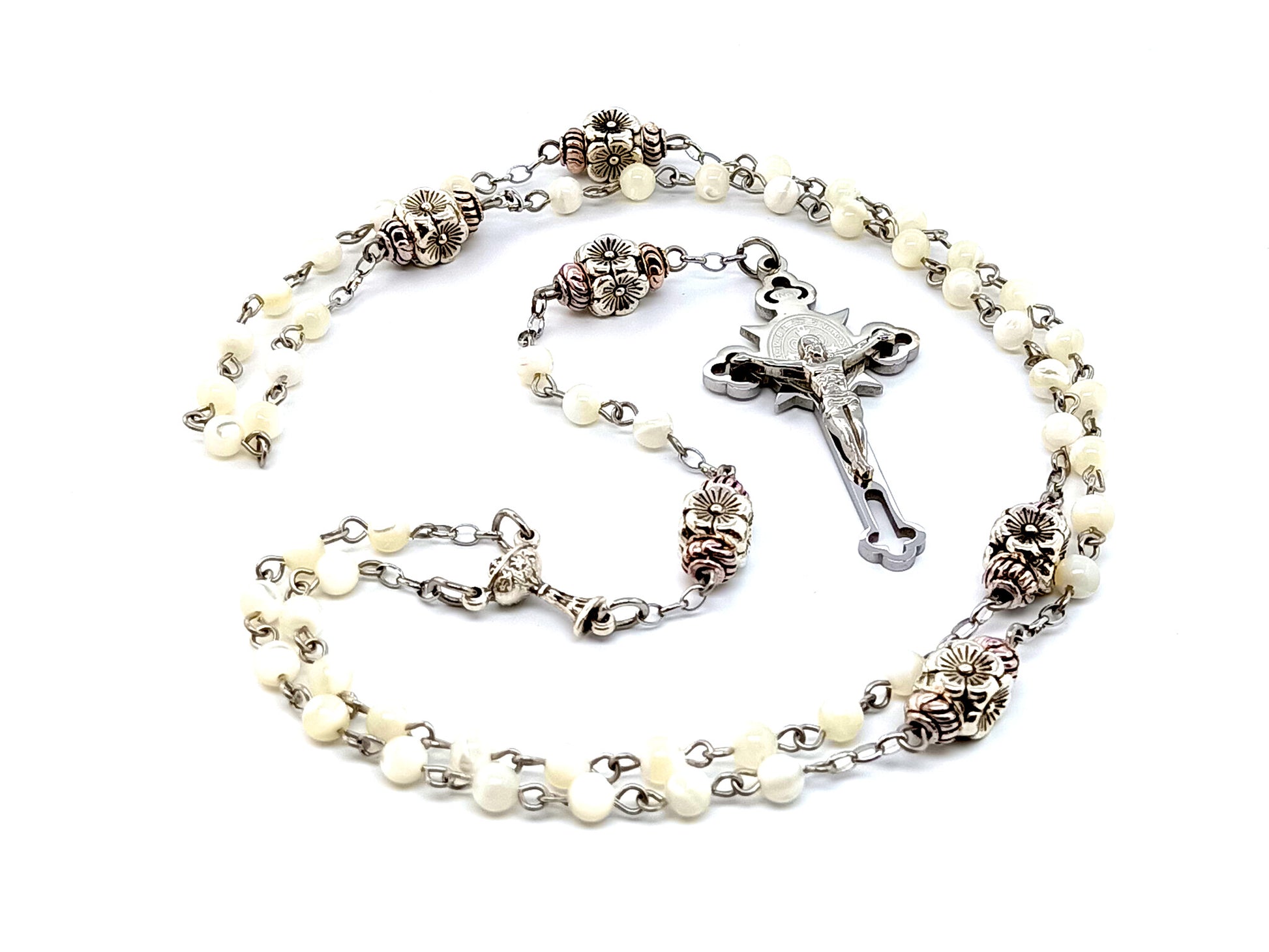 Mother of Pearl unique rosary beads communion chalice rosary beads with stainless steel Saint Benedict crucifix and flower Our Father beads.