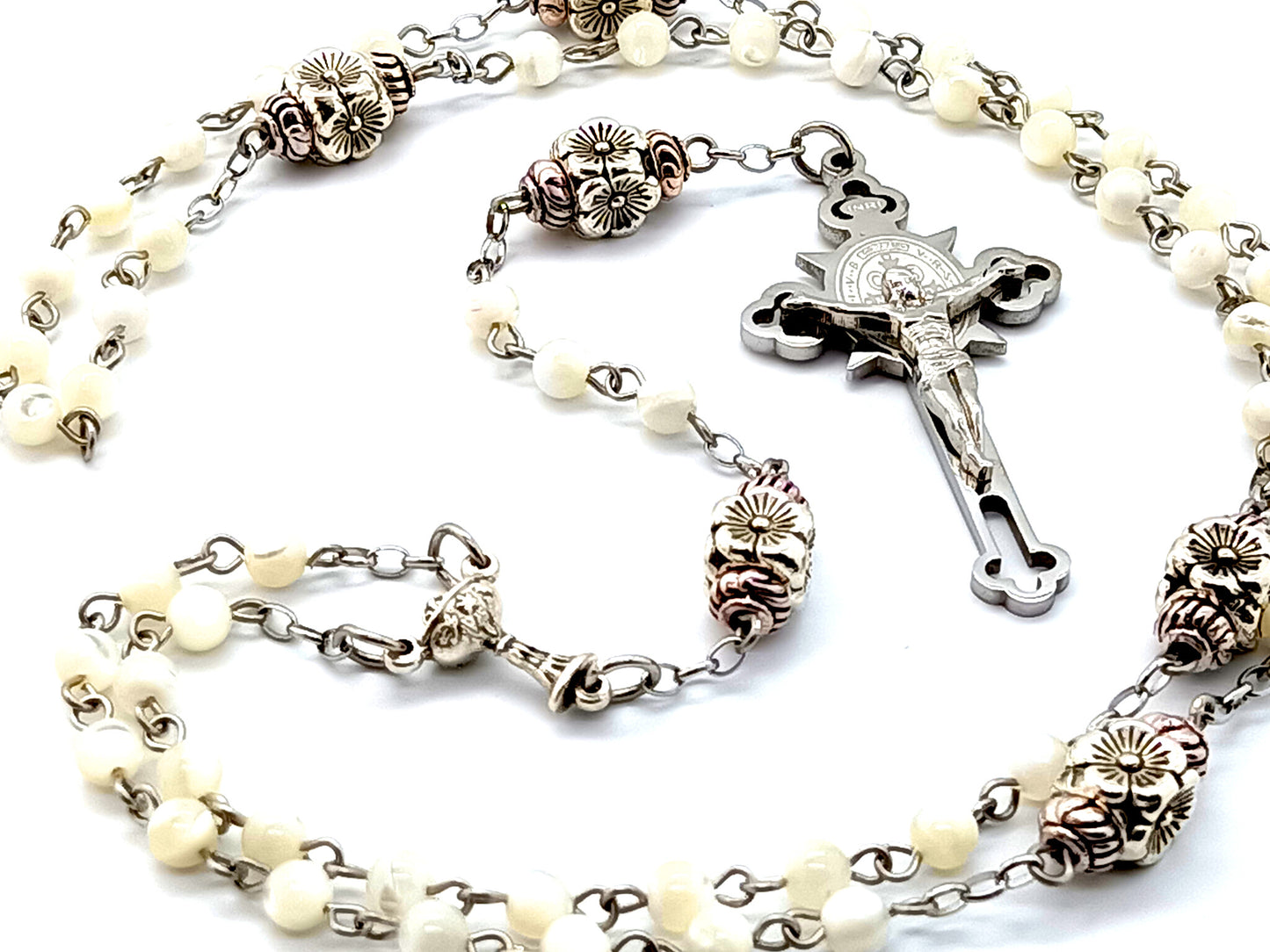 Mother of Pearl unique rosary beads communion chalice rosary beads with stainless steel Saint Benedict crucifix and flower Our Father beads.