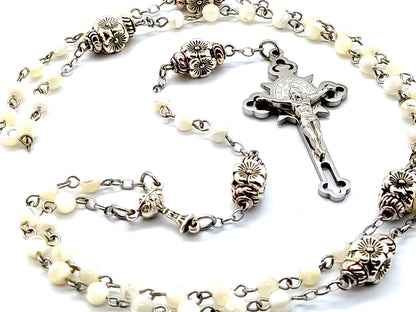 Mother of Pearl unique rosary beads communion chalice rosary beads with stainless steel Saint Benedict crucifix and flower Our Father beads.