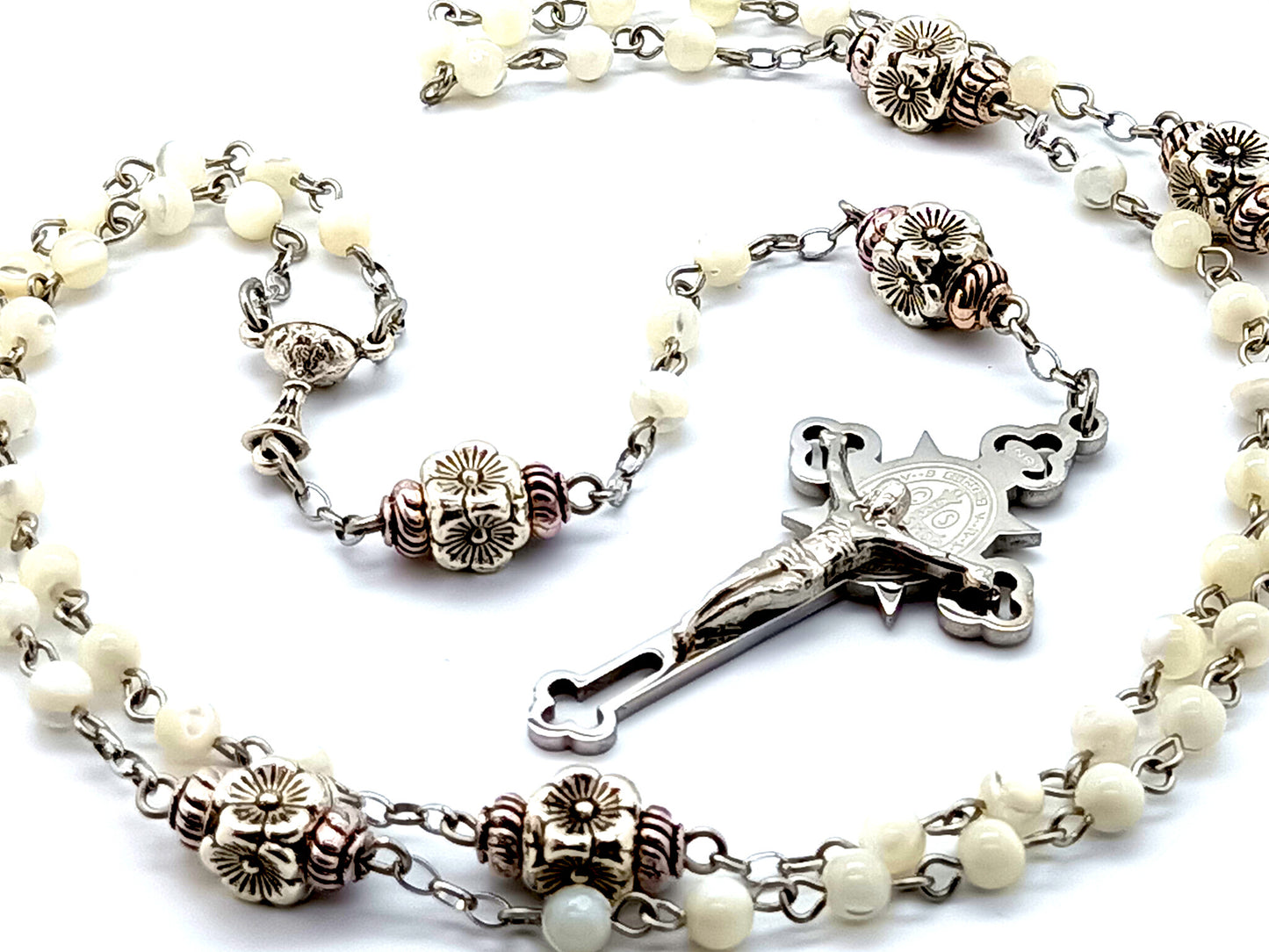 Mother of Pearl unique rosary beads communion chalice rosary beads with stainless steel Saint Benedict crucifix and flower Our Father beads.