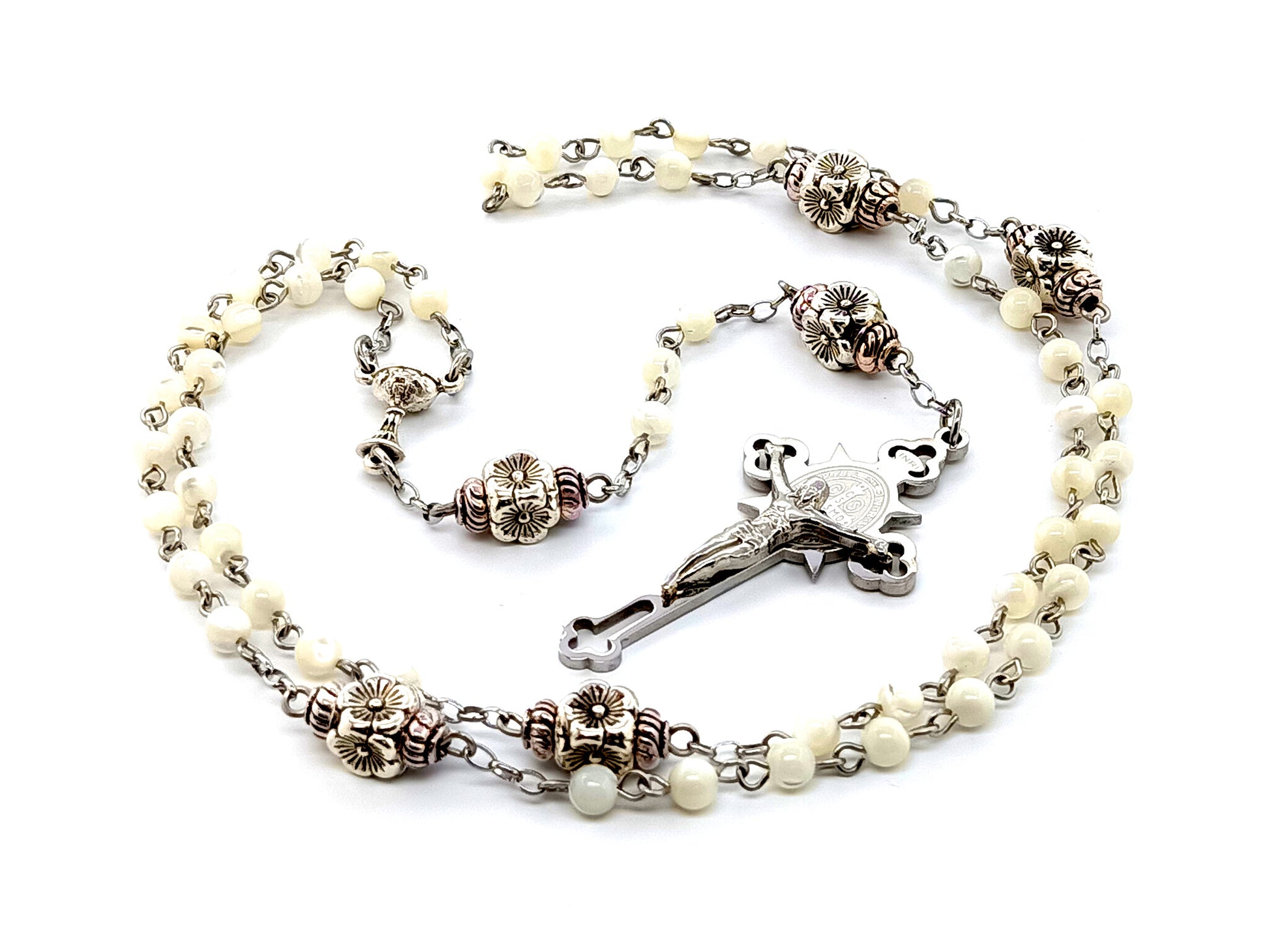 Mother of Pearl unique rosary beads communion chalice rosary beads with stainless steel Saint Benedict crucifix and flower Our Father beads.