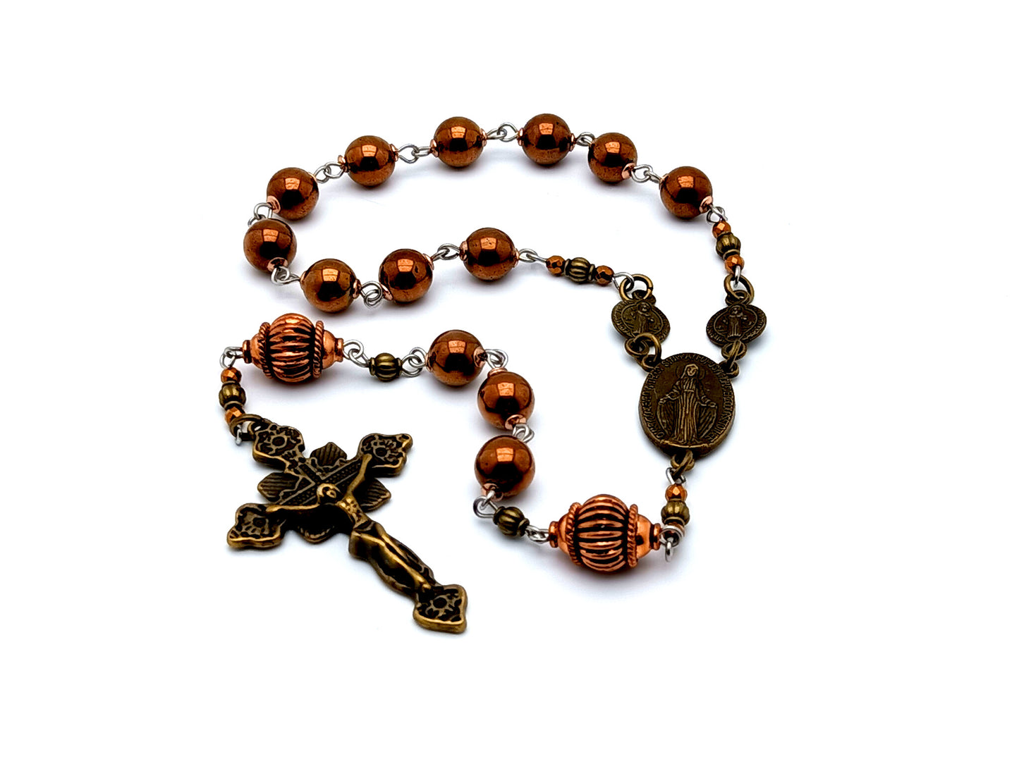 Miraculous medal unique rosary beads vintage style gemstone single decade rosary beads with copper Our Father beads and Saint Benedict medals.