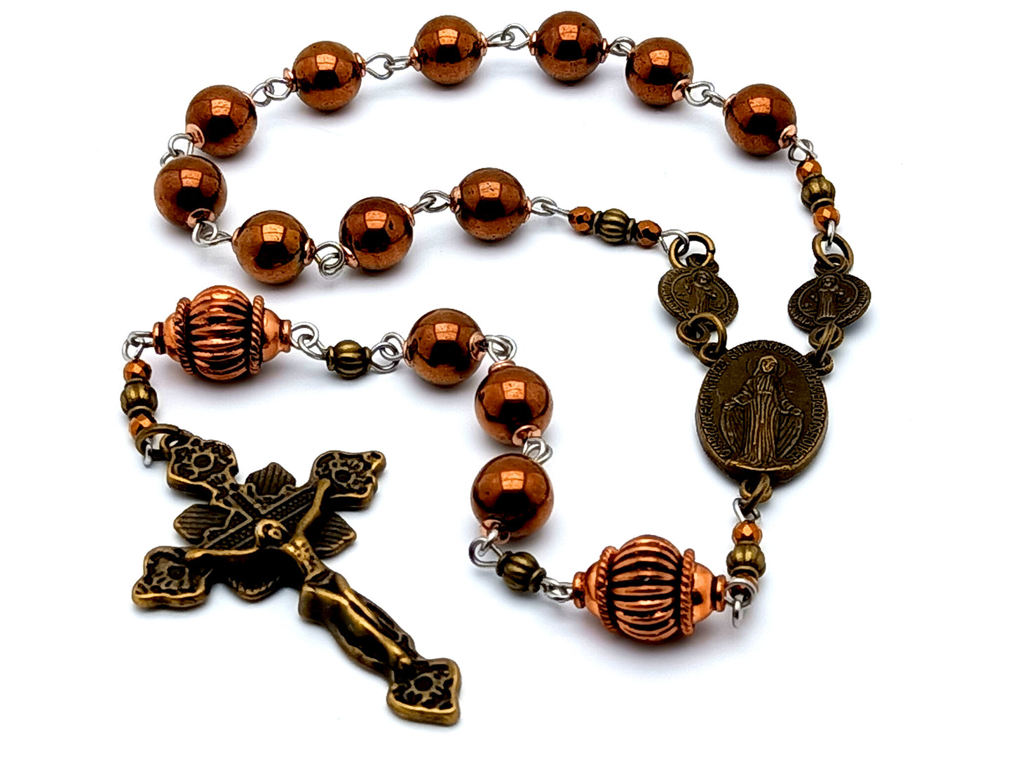 Miraculous medal unique rosary beads vintage style gemstone single decade rosary beads with copper Our Father beads and Saint Benedict medals.