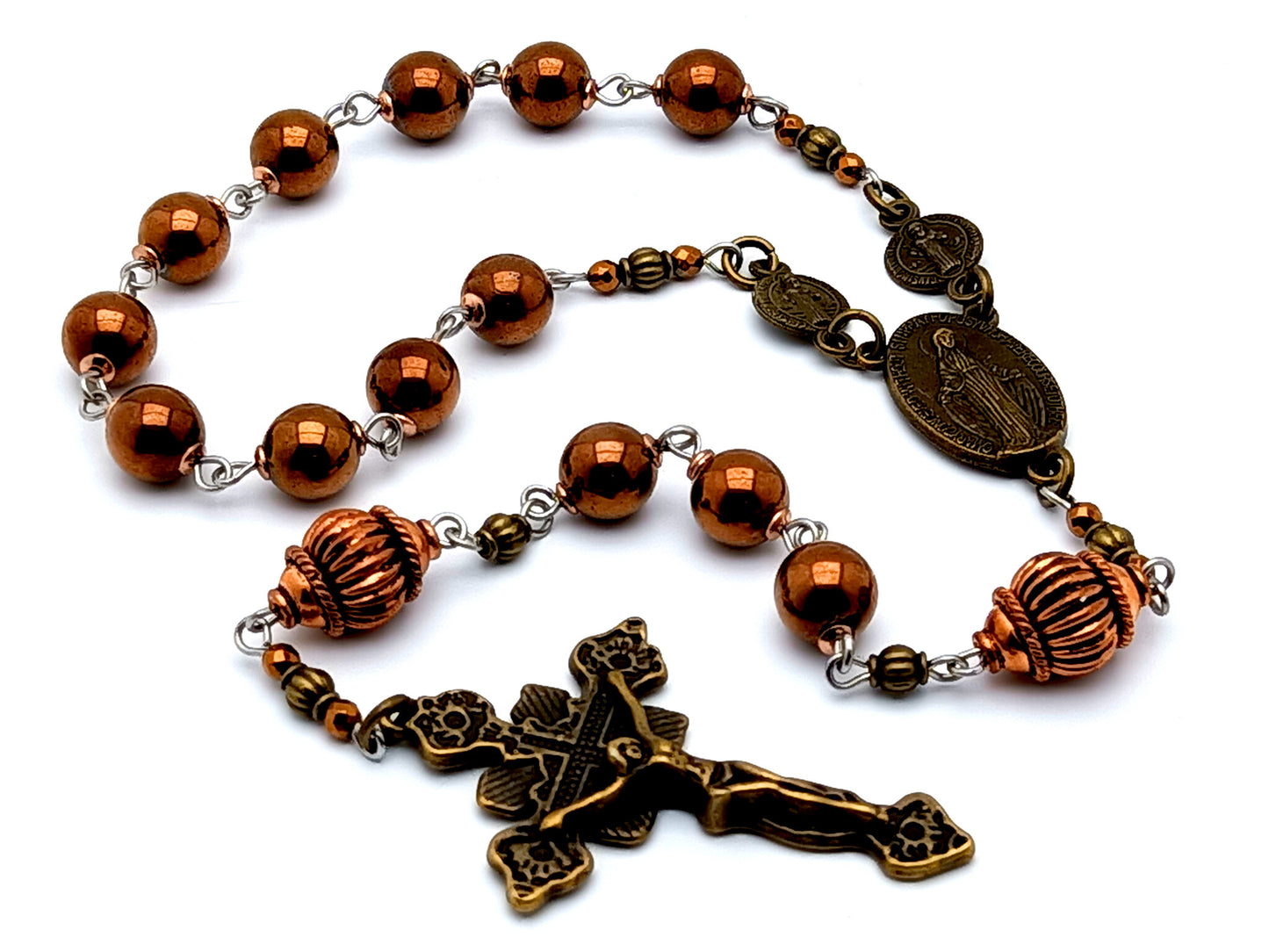 Miraculous medal unique rosary beads vintage style gemstone single decade rosary beads with copper Our Father beads and Saint Benedict medals.