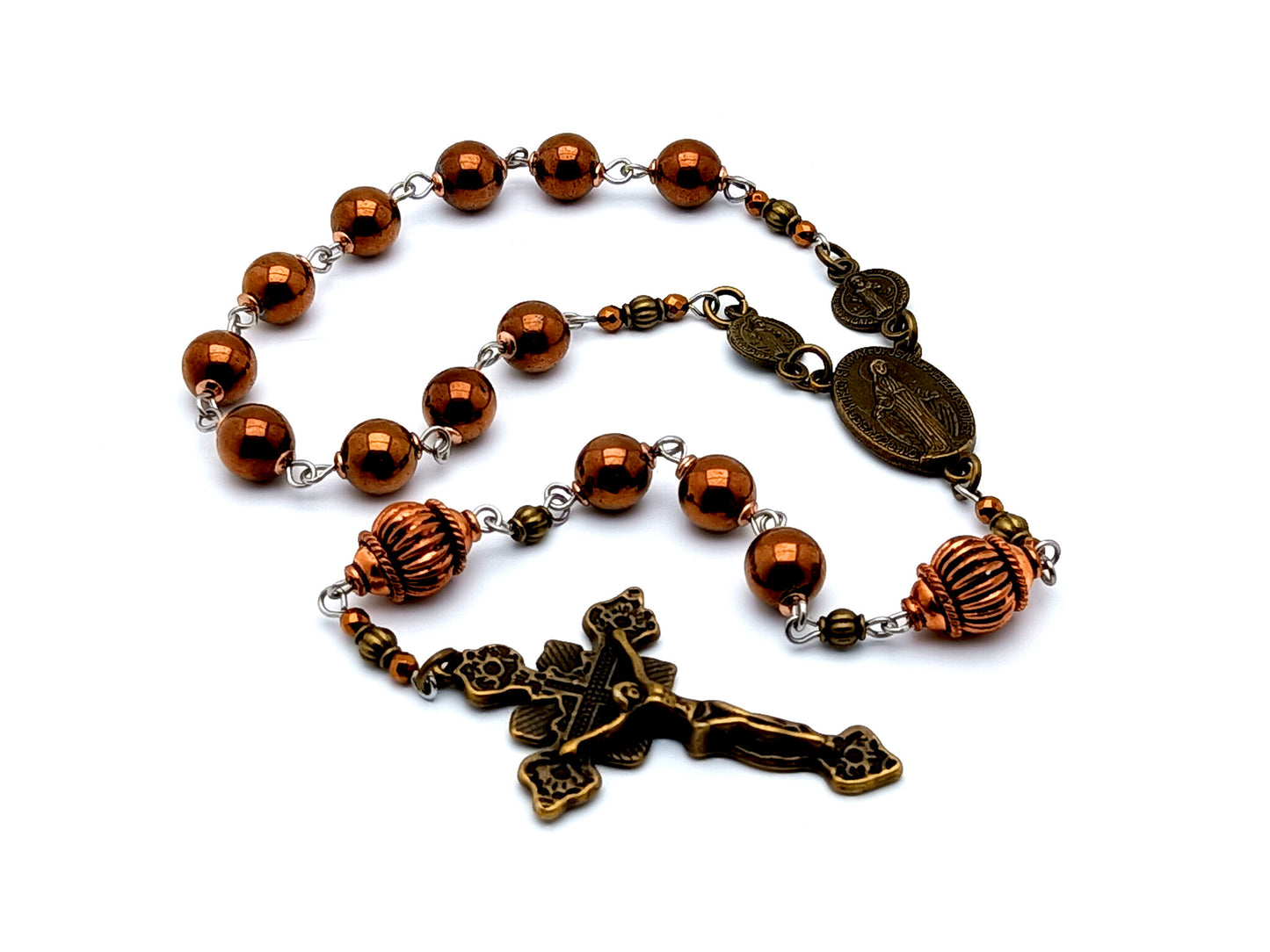 Miraculous medal unique rosary beads vintage style gemstone single decade rosary beads with copper Our Father beads and Saint Benedict medals.