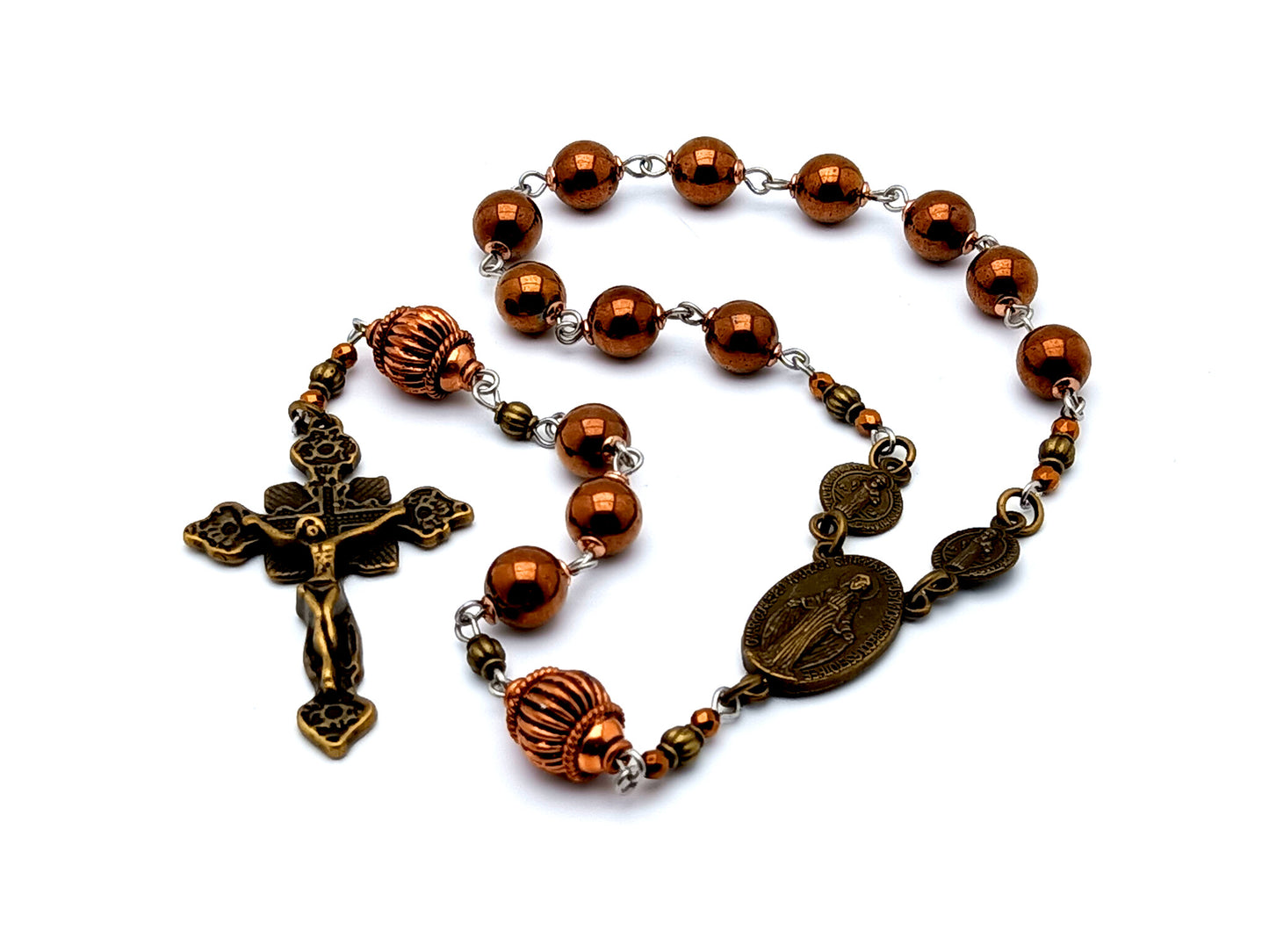 Miraculous medal unique rosary beads vintage style gemstone single decade rosary beads with copper Our Father beads and Saint Benedict medals.