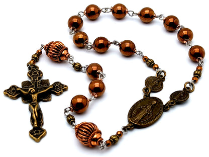 Miraculous medal unique rosary beads vintage style gemstone single decade rosary beads with copper Our Father beads and Saint Benedict medals.