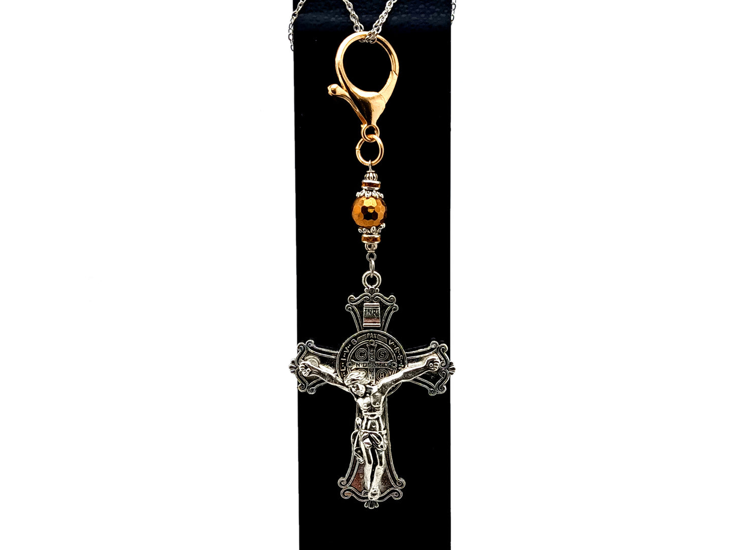 Saint Benedict unique rosary beads large ornate crucifix with faceted hematite copper gemstone Hail Mary bead purse clip and key chain.