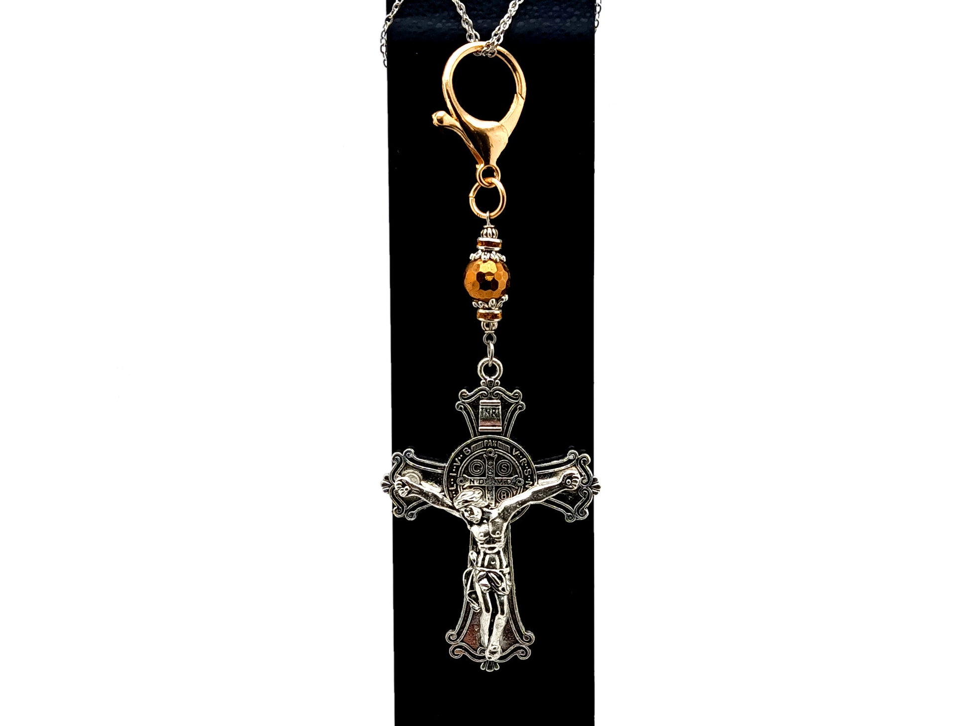 Saint Benedict unique rosary beads large ornate crucifix with faceted hematite copper gemstone Hail Mary bead purse clip and key chain.