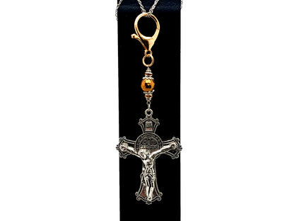 Saint Benedict unique rosary beads large ornate crucifix with faceted hematite copper gemstone Hail Mary bead purse clip and key chain.