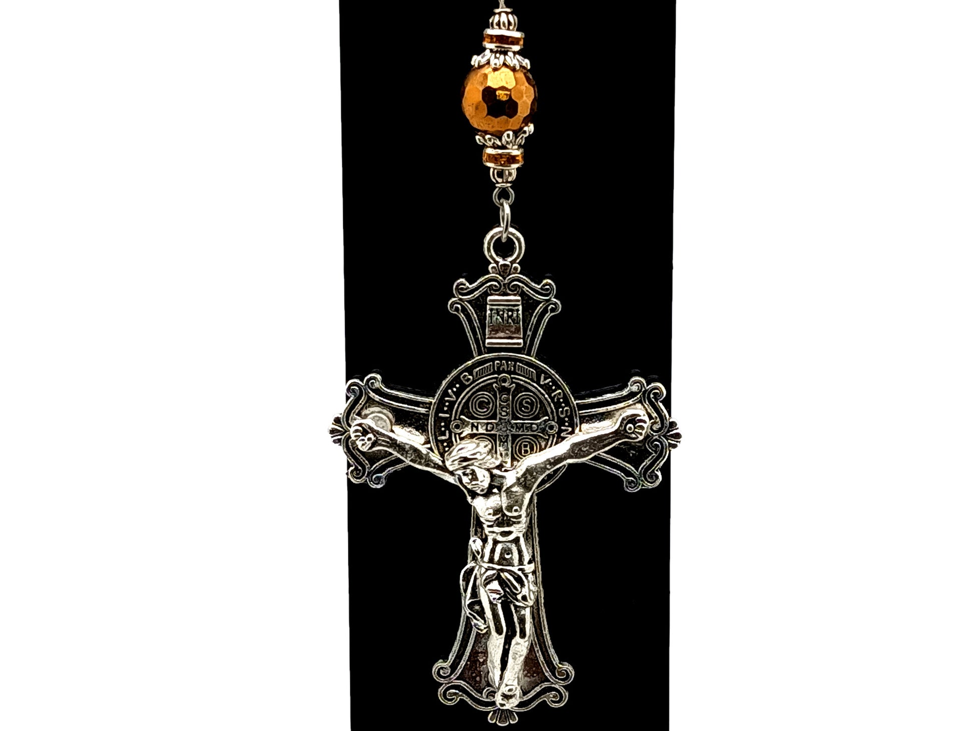 Saint Benedict unique rosary beads large ornate crucifix with faceted hematite copper gemstone Hail Mary bead purse clip and key chain.