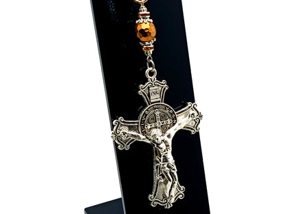 Saint Benedict unique rosary beads large ornate crucifix with faceted hematite copper gemstone Hail Mary bead purse clip and key chain.