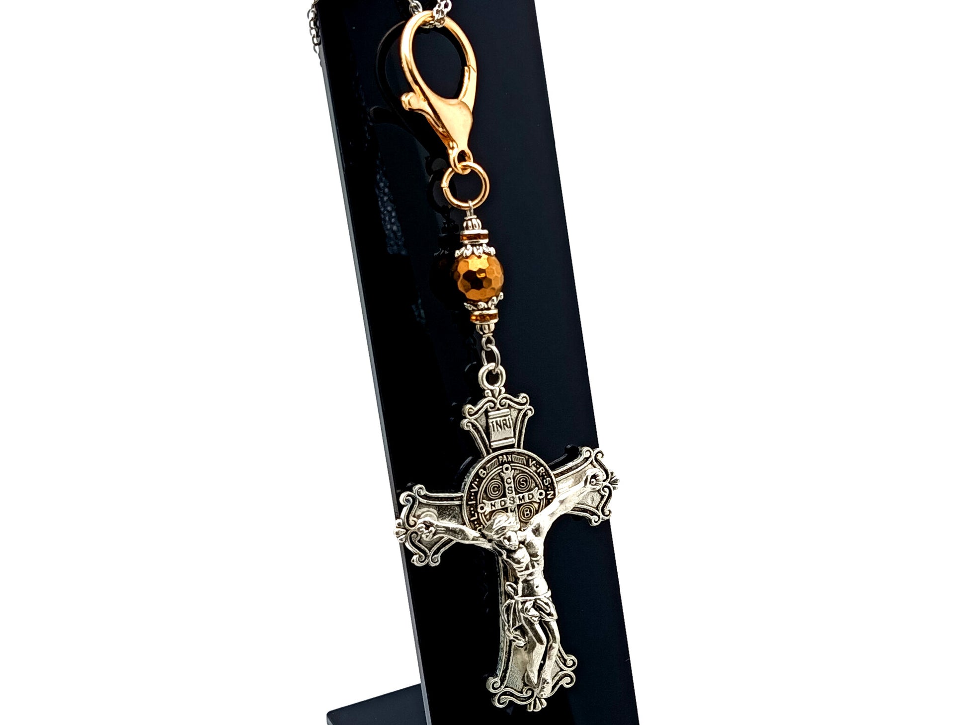 Saint Benedict unique rosary beads large ornate crucifix with faceted hematite copper gemstone Hail Mary bead purse clip and key chain.