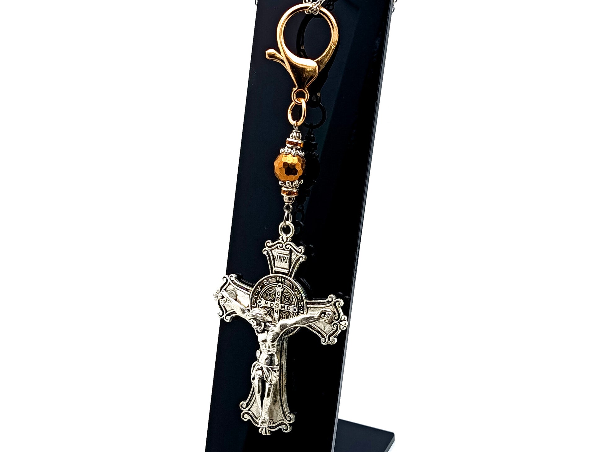 Saint Benedict unique rosary beads large ornate crucifix with faceted hematite copper gemstone Hail Mary bead purse clip and key chain.