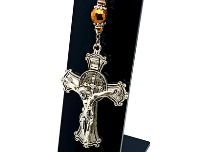 Saint Benedict unique rosary beads large ornate crucifix with faceted hematite copper gemstone Hail Mary bead purse clip and key chain.