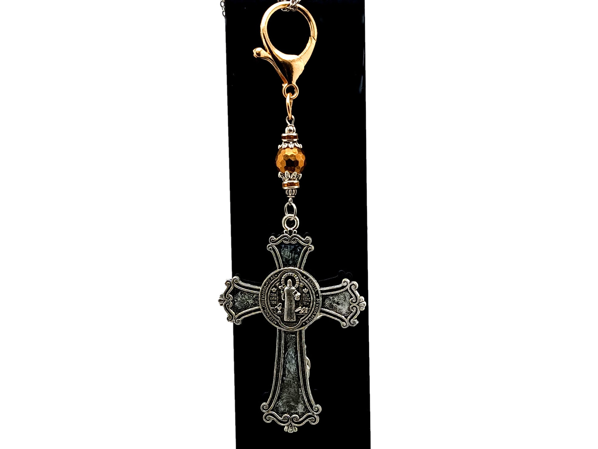 Saint Benedict unique rosary beads large ornate crucifix with faceted hematite copper gemstone Hail Mary bead purse clip and key chain.