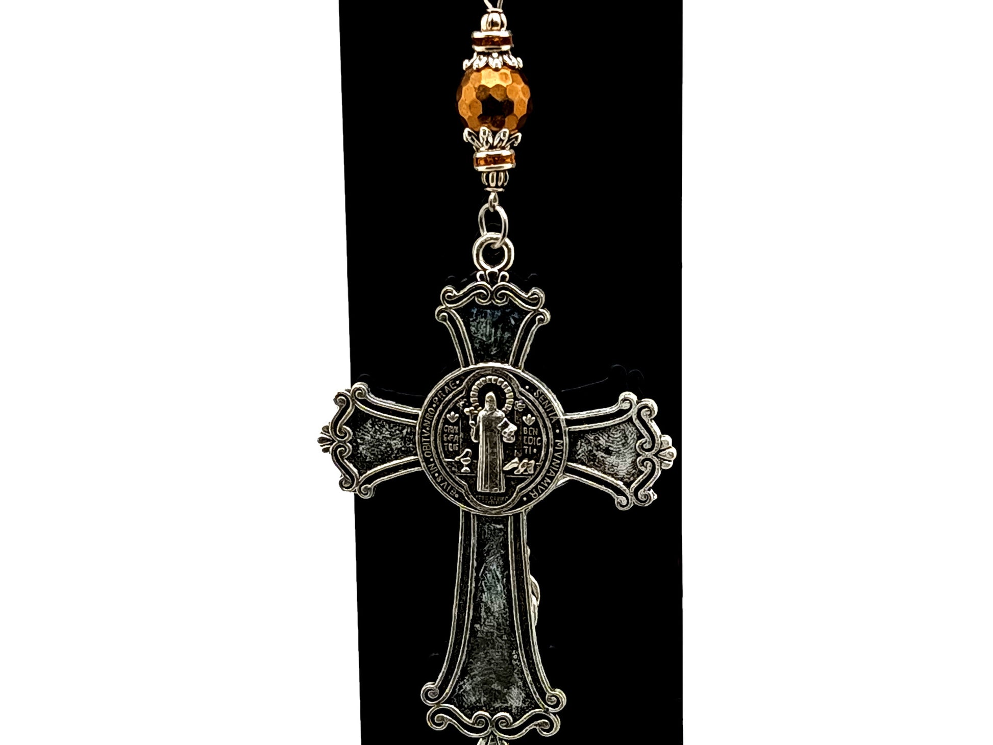 Saint Benedict unique rosary beads large ornate crucifix with faceted hematite copper gemstone Hail Mary bead purse clip and key chain.