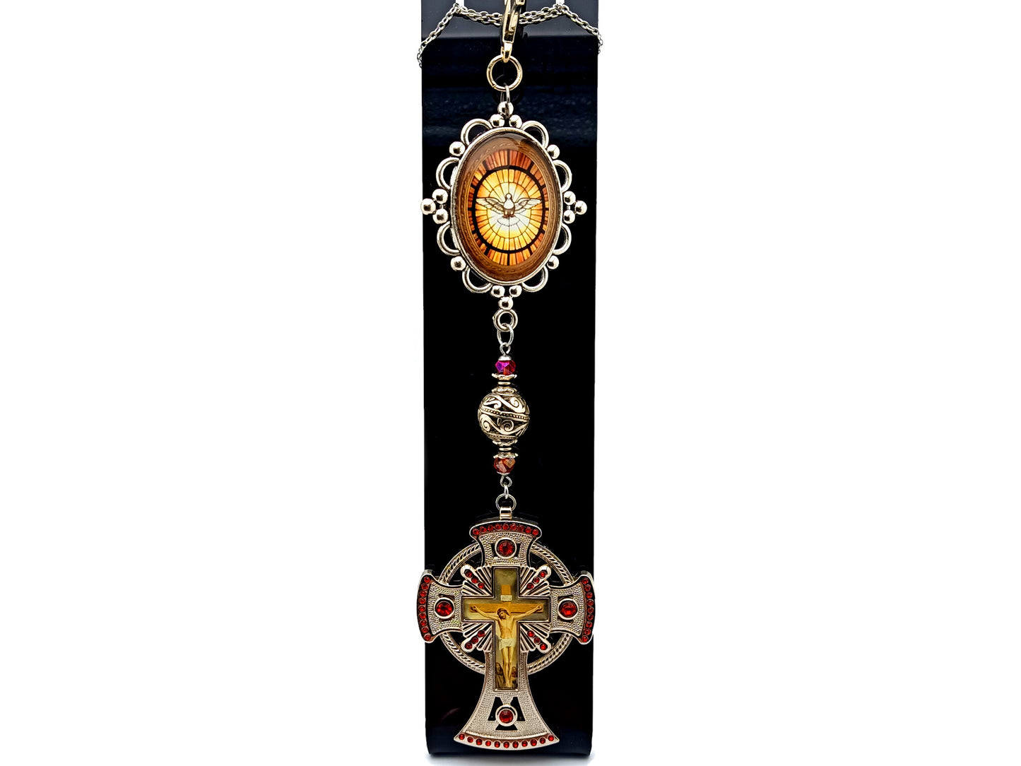 Holy Spirit unique rosary beads extra large domed picture medal purse clip and key fob with red crystal crucifix.