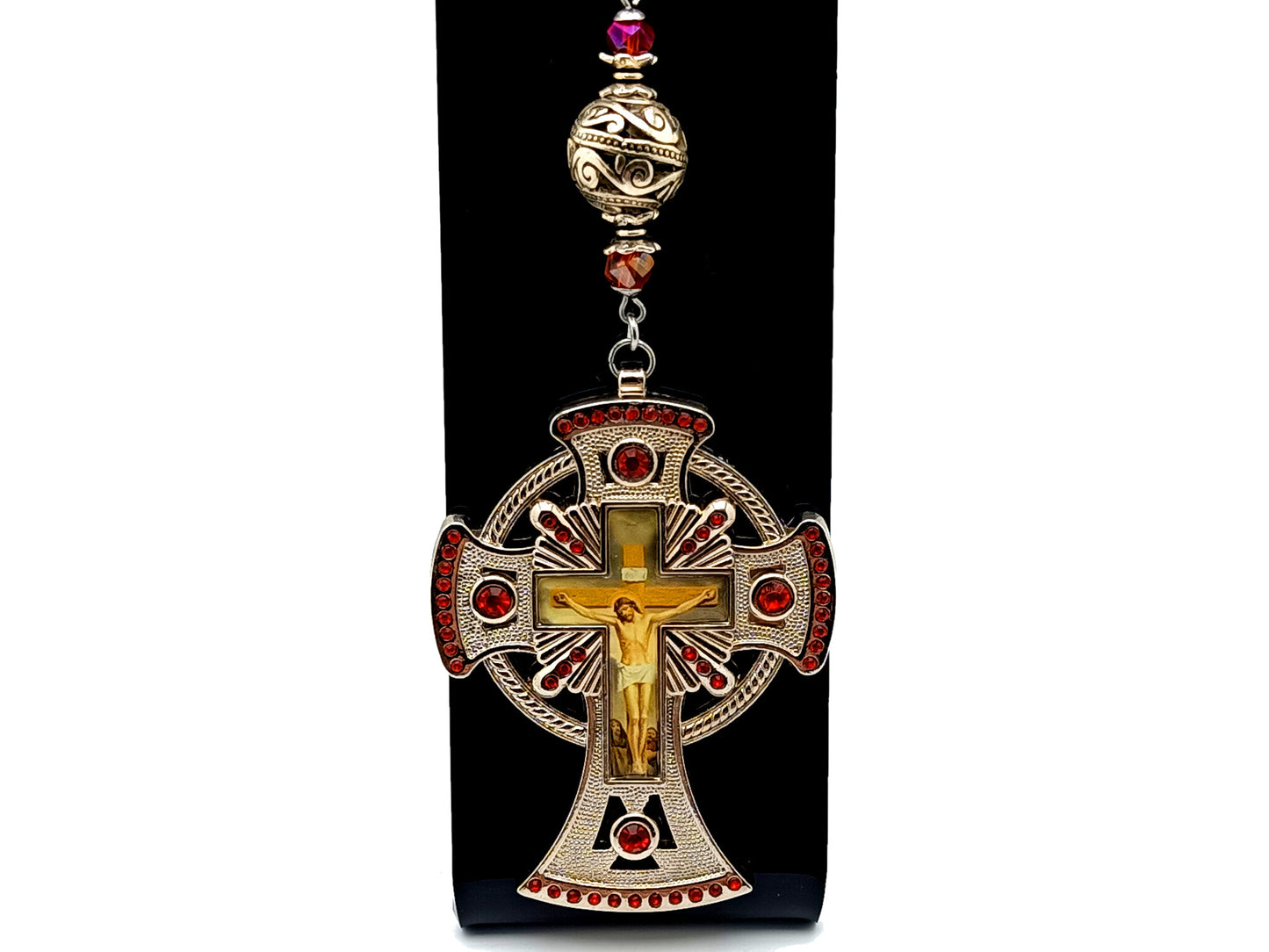 Holy Spirit unique rosary beads extra large domed picture medal purse clip and key fob with red crystal crucifix.