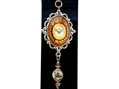 Holy Spirit unique rosary beads extra large domed picture medal purse clip and key fob with red crystal crucifix.