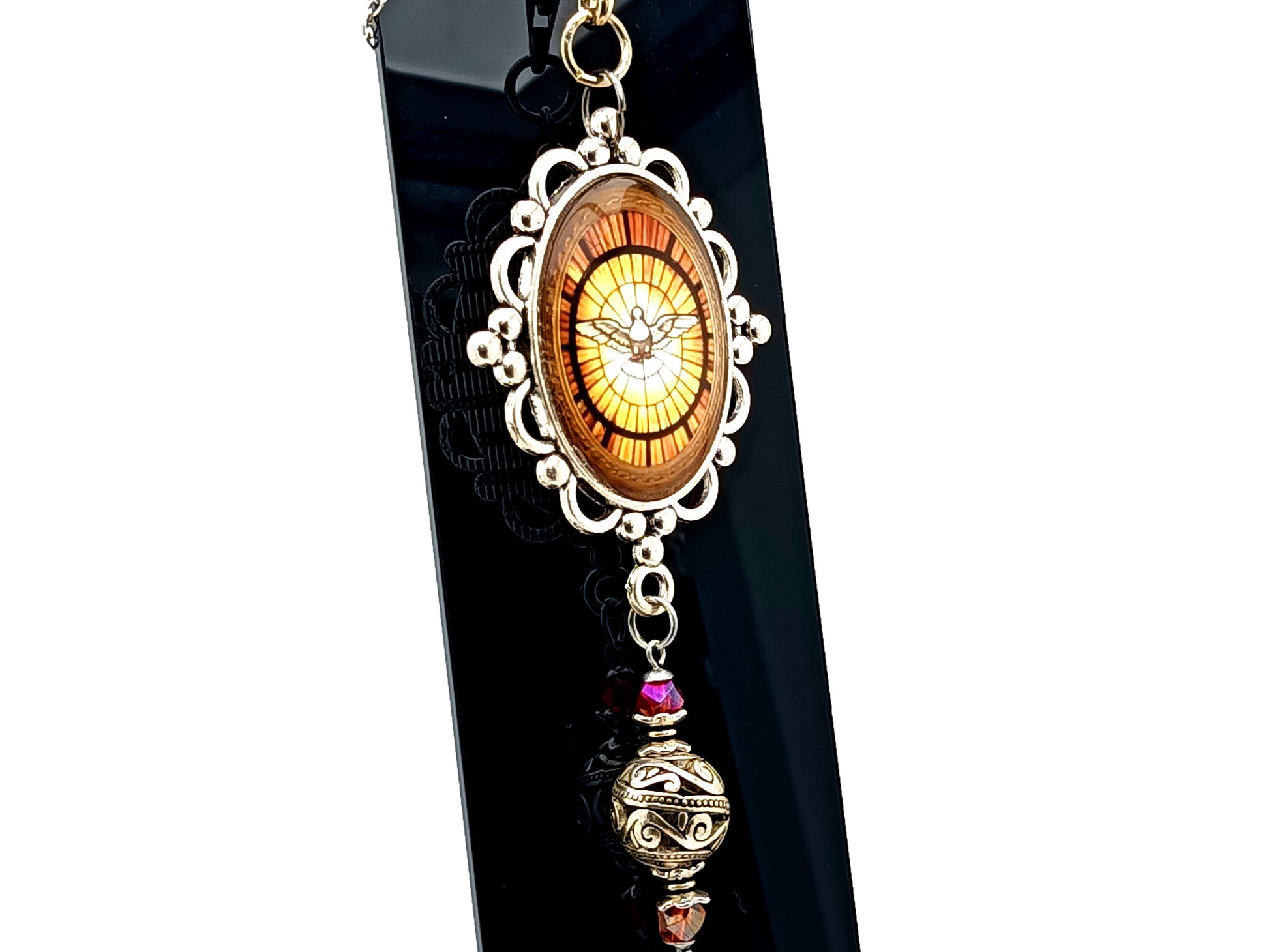 Holy Spirit unique rosary beads extra large domed picture medal purse clip and key fob with red crystal crucifix.