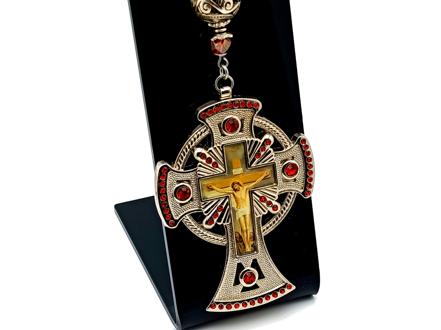 Holy Spirit unique rosary beads extra large domed picture medal purse clip and key fob with red crystal crucifix.