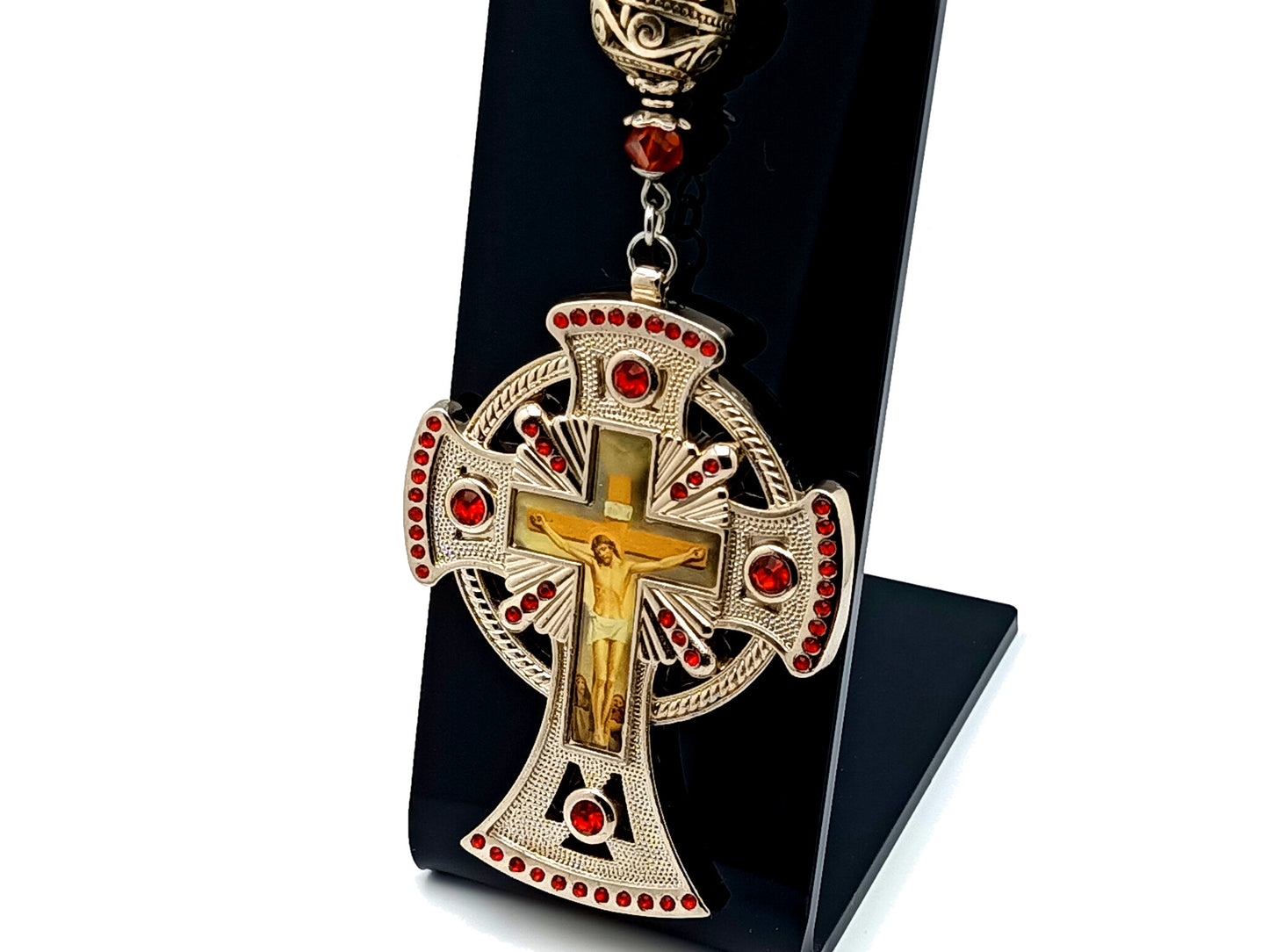 Holy Spirit unique rosary beads extra large domed picture medal purse clip and key fob with red crystal crucifix.