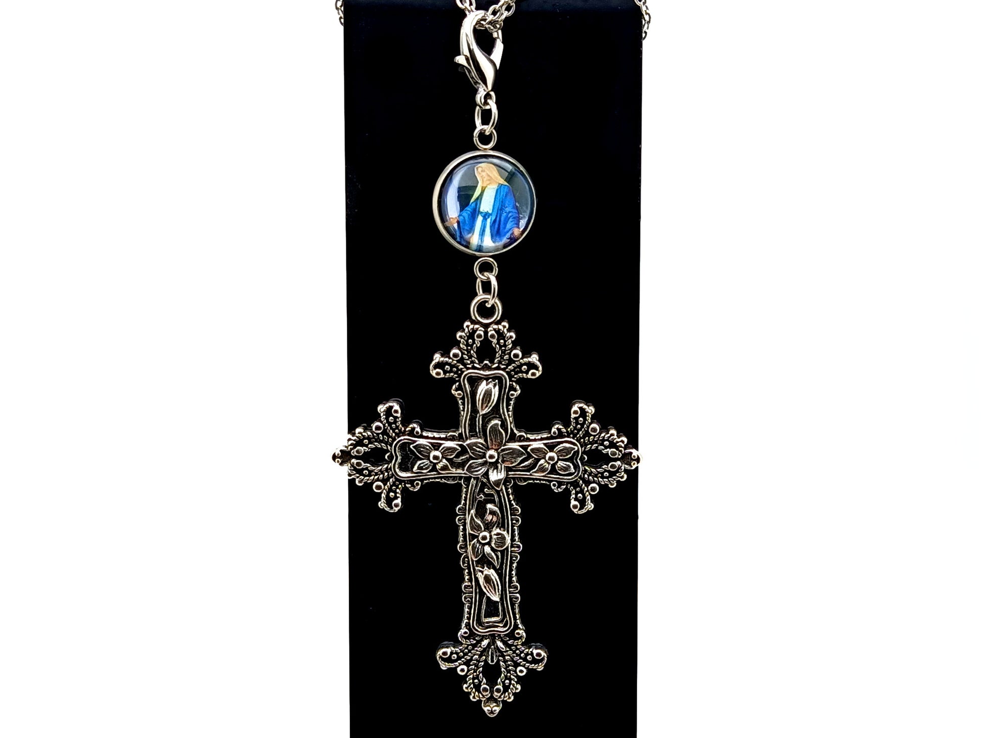 Our Lady of Grace unique rosary beads domed picture medals purse clip with large decorative cross on lobster purse clasp.