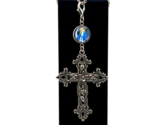 Our Lady of Grace unique rosary beads domed picture medals purse clip with large decorative cross on lobster purse clasp.