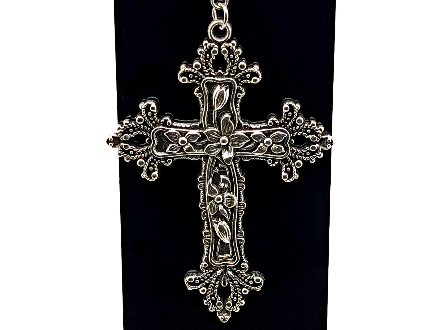 Our Lady of Grace unique rosary beads domed picture medals purse clip with large decorative cross on lobster purse clasp.